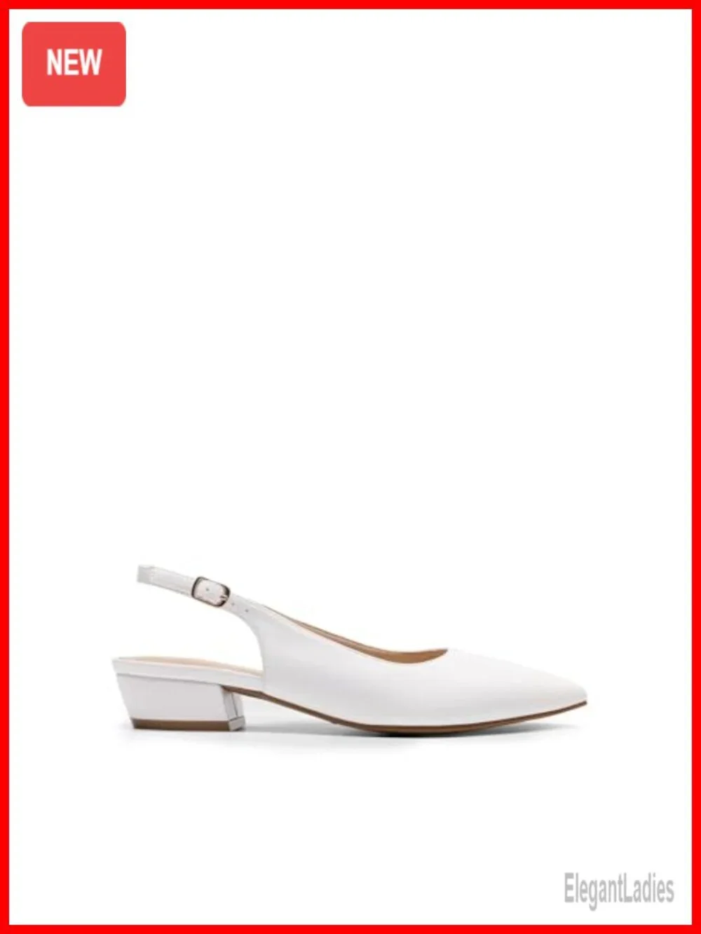 Slingback Low Block Heels Pumps - Faux Leather - Pointed Toe - Adjustable Strap